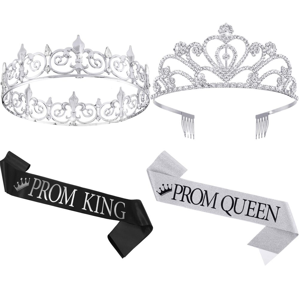 5265 4 Pcs Prom Crowns and Sashes Set Halloween Prom King and Queen Tiara